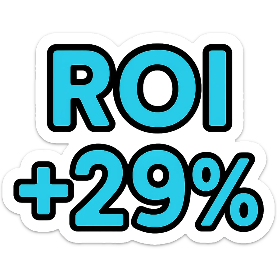 text 'ROI +29%' in bold font, cyan blue color, lineal color icon style with black outlines sticker