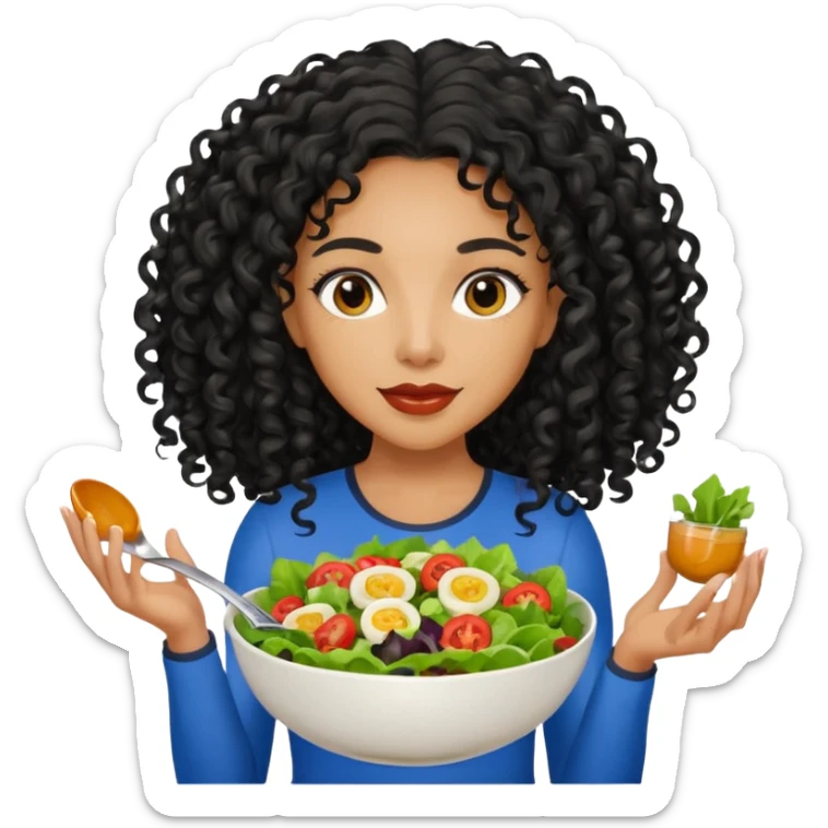 Mixed-race athletic woman with caramel skin, long black curly hair, holding a bowl of salad, pastel background sticker