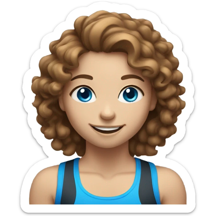 smiling girl weightlifting with fair skin, long brown curly hair and blue eyes sticker