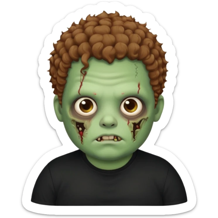 a zombie boy with brown curly hair and a fat double chin, with black t shirt sticker