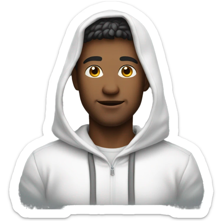 An emoji of a handsome man wearing a white hoodie, with the hood down, showing his hair, and standing confidently with a relaxed expression sticker
