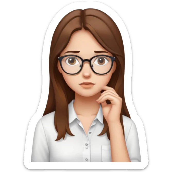 thoughtful girl with glasses, long brown hair, wearing a white shirt sticker