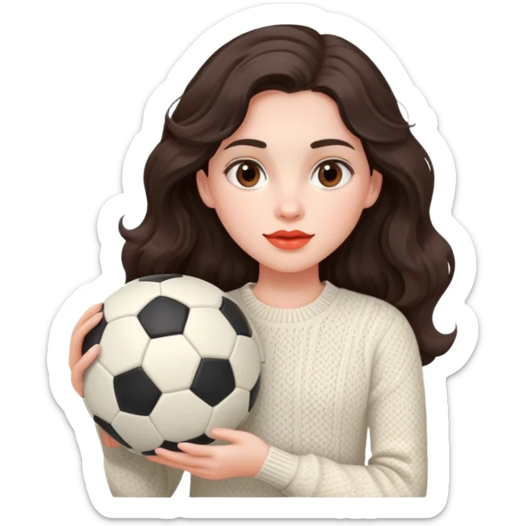 pale girl with wavy, long dark brown hair and dark brown eyes, coral-colored lip, Holding a soccer ball, Wearing ivory knitwear with no graphics or pattern sticker