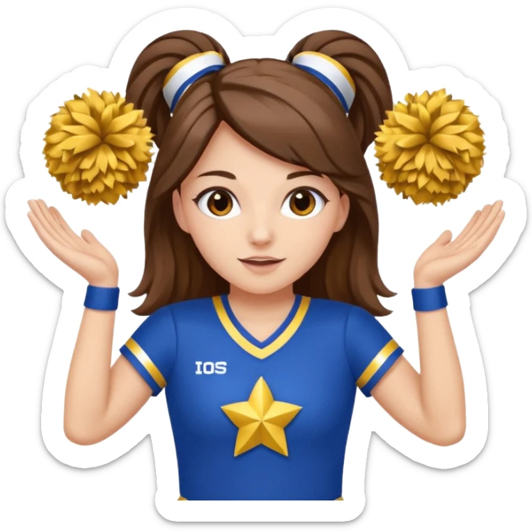 cheerleader with long brown hair and 2 pom poms blue and gold in each hand sticker