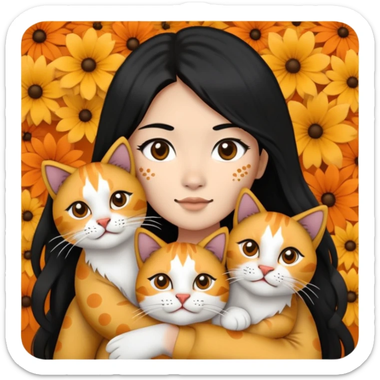 Help me make an emoii style picture of an Asian girl with long black hair holding two cats. A long haired black and white floral lion cat with a square open face and a black spot under the left side of her nose, and a short haired orange and white, cat with a square open face and orange spots spread around her nose and mouth. sticker