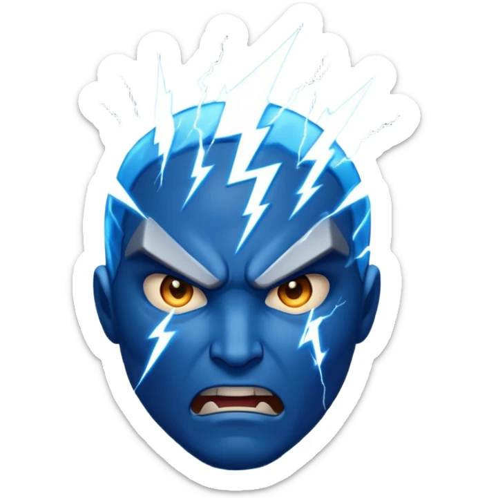 Rayos, centellas y estrellas en una cara color azul con expresiones de furia sticker