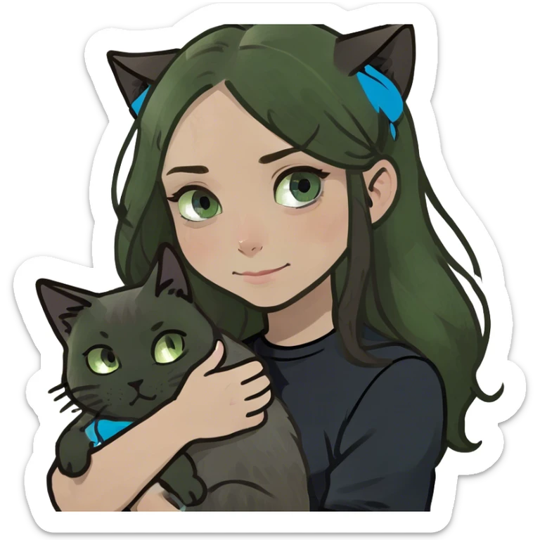 Girl with blue eyes and long brown hair and black shirt, holding a medium fluffy grey cat with folded ears sticker