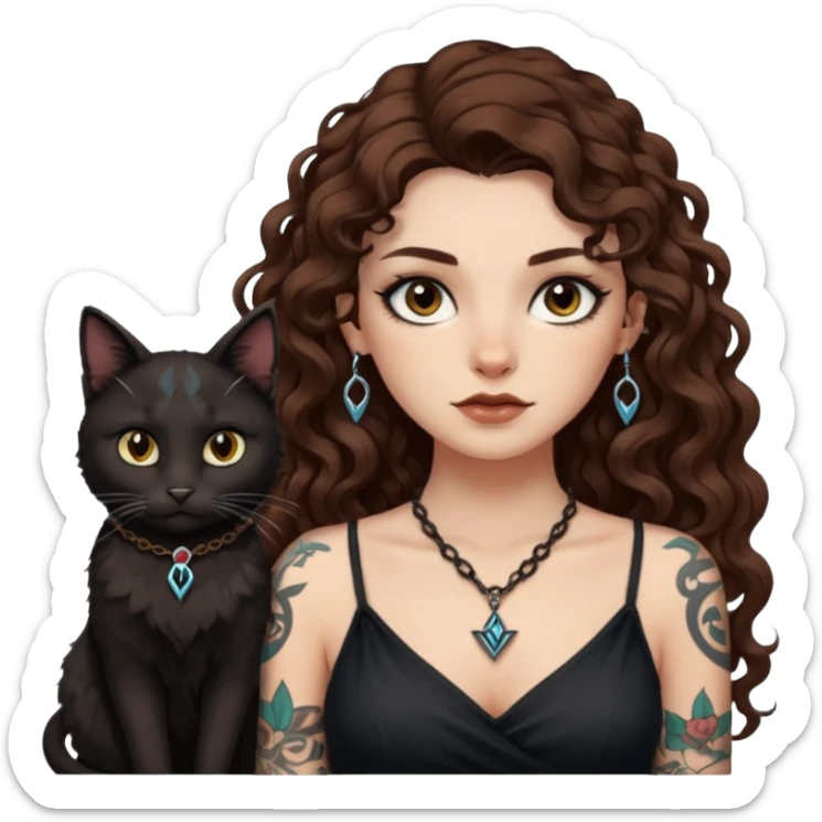 woman with long curly brown hair, brown eyes, white skin, tattoos, black cat wearing tiny rune necklace judging everyone sticker
