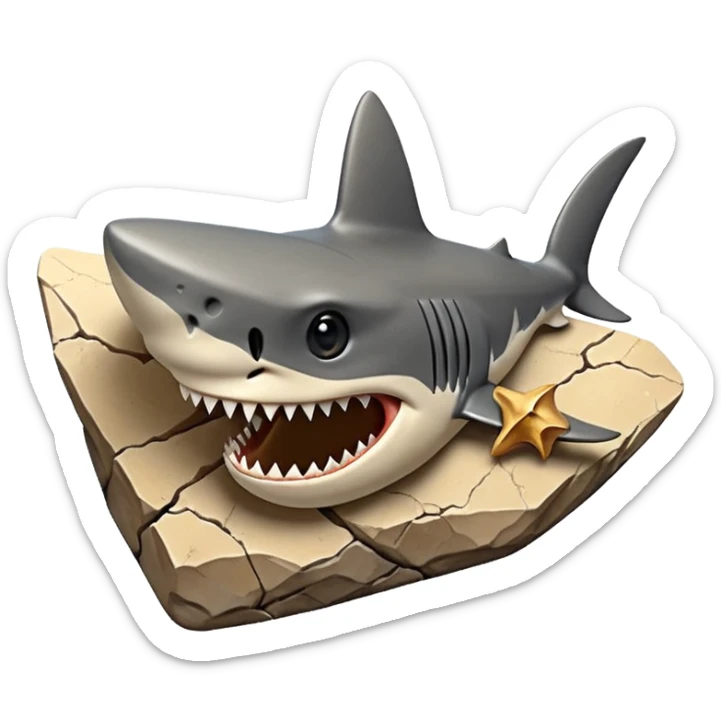 3D render of Shark Tooth, embedded in a chunk of rough sedimentary rock, cracked stone texture, ancient fossil aesthetic, shiny black enamel tooth embedded in beige sand, matte dry finish, Apple emoji style, isolated on white background --v 6.0 sticker