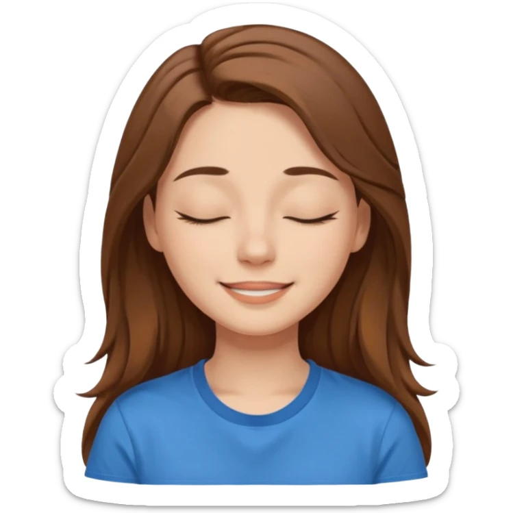 female face smiling with closed eyes with long brown hair and brown eyes in a blue t-shirt sticker