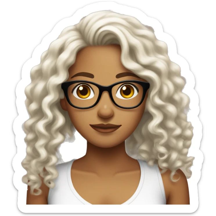 a girl, tan skin and long curly hair, pretty, with glasses and with a white tube top sticker