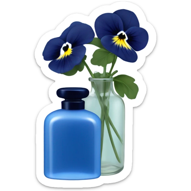 Decorative blue candle in a glass jar and in the back are navy blue pansies and a blue vintage-style perfume bottle  sticker