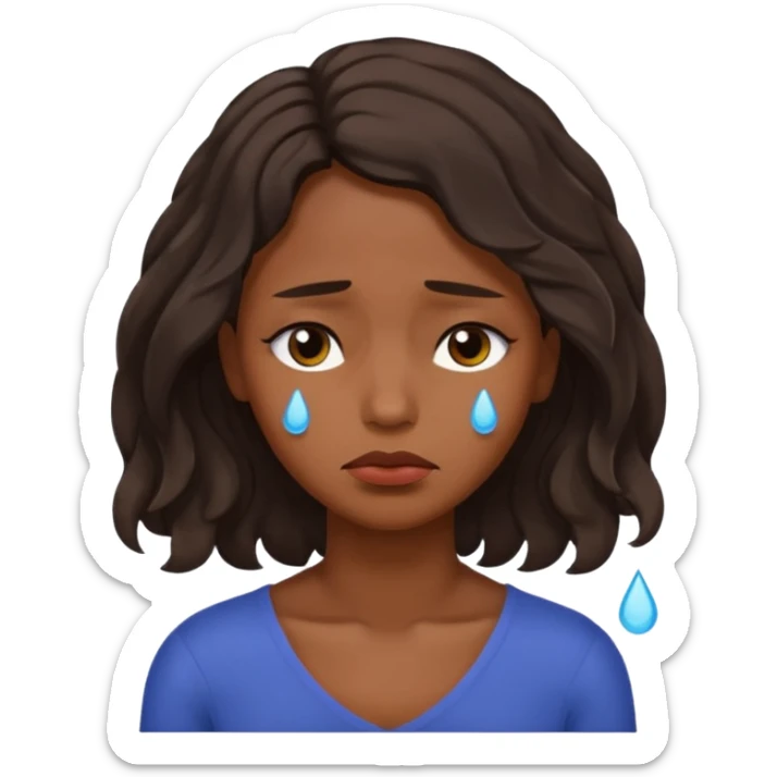 Sad face with tears,  dark brown skin color black women wavy hair shoulder length, eyes slightly closed sticker