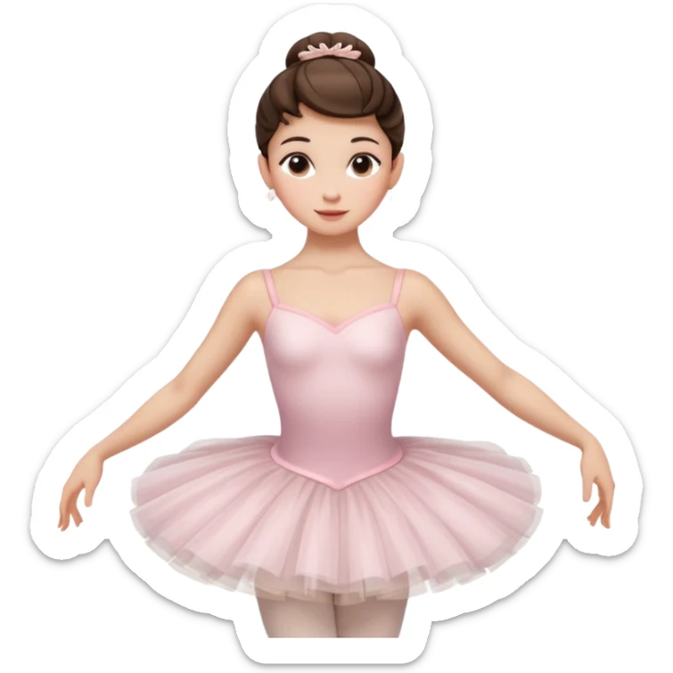 Cinematic Realistic Ballerina Portrait, depicted with lifelike skin texture, subtle rosy undertones, and soft natural lighting that enhances the gentle contours of her face. Her intricately detailed Brunette hair is elegantly styled in an updo, sticker
