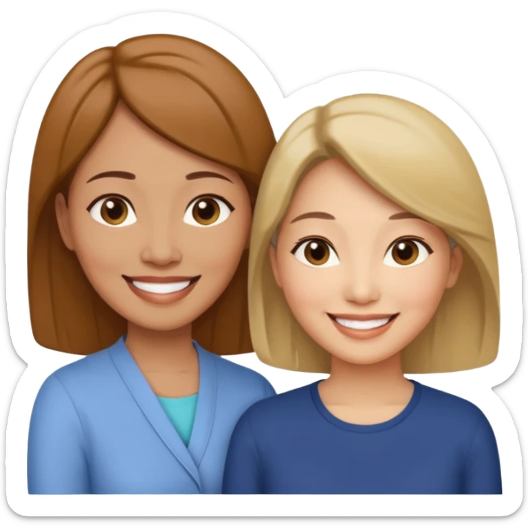 Middle aged light brown skinned woman beside a middle aged asian woman smiling looking young sticker