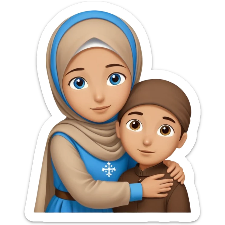 Turkish beautiful finish Konya girl blue eyes with brown beige hijab islamic dress and hugs with big boy brother  sticker