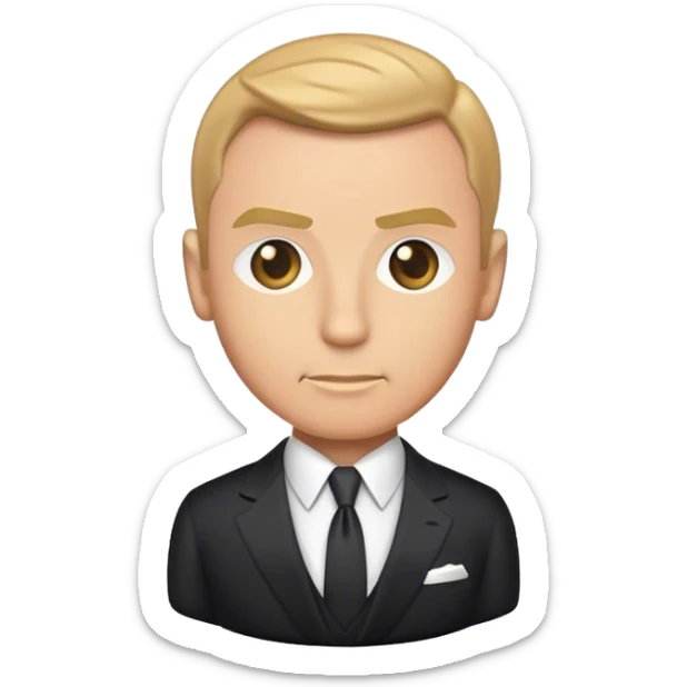 Cinematic Realistic James Bond Portrait Emoji, depicted as a suave, sophisticated secret agent in a tailored suit with a cool, composed gaze and an air of stealth and charm, rendered with crisp textures and dynamic cinematic lighting that captures his timeless espionage allure. sticker