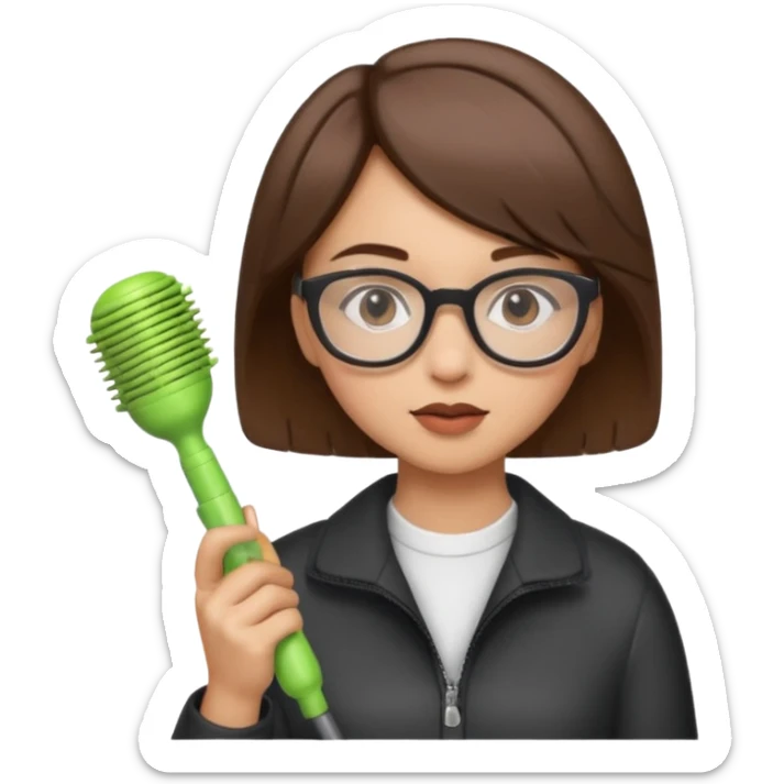 Girl lightskinned short brown hair with glasses a comb in one hand and a blower in the other  sticker
