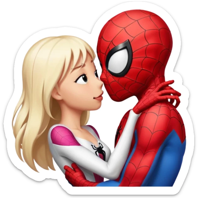 Spiderman and Spider-Gwen kissing, close-up, cute and expressive, emoji style sticker