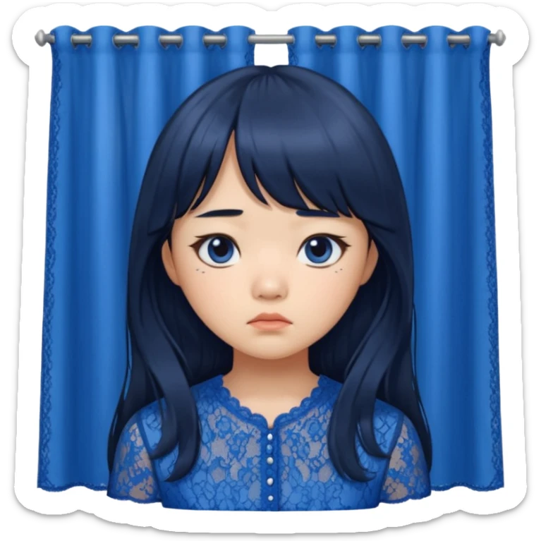 Long hair asian girl with curtain bangs with a blue lace top on with sad expression sticker
