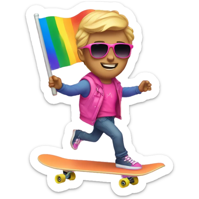 Gay Ryan Rivel with pride flag wearing pink with sunglasses on a skateboard sticker