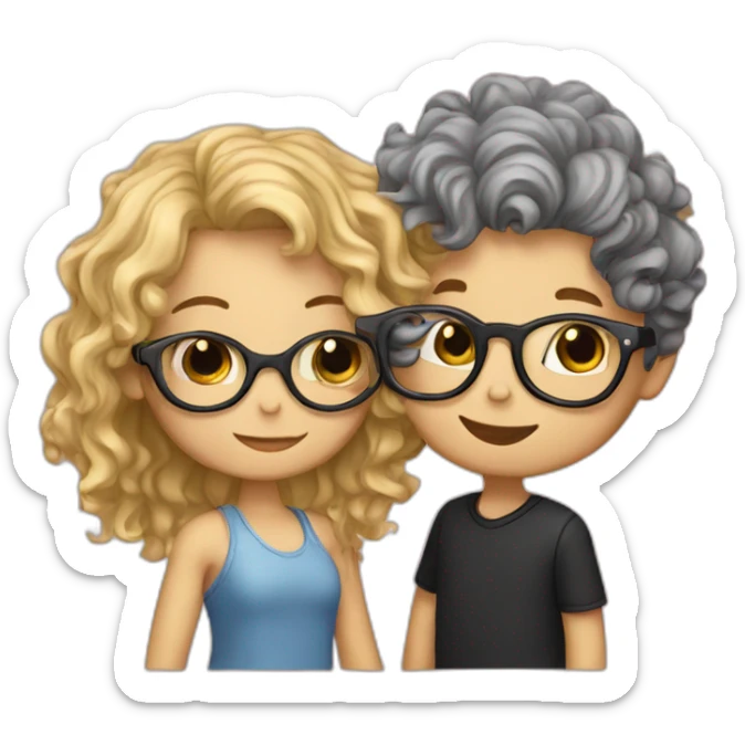 boy with curly blonde hair and glasses kissing girl with wavy black hair and glasses sticker