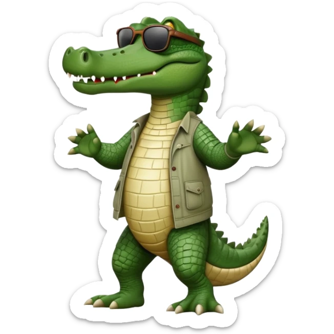 friendly anthropomorphised crocodile in casual clothing, wearing dark sunglasses, walking upright, standard pose sticker