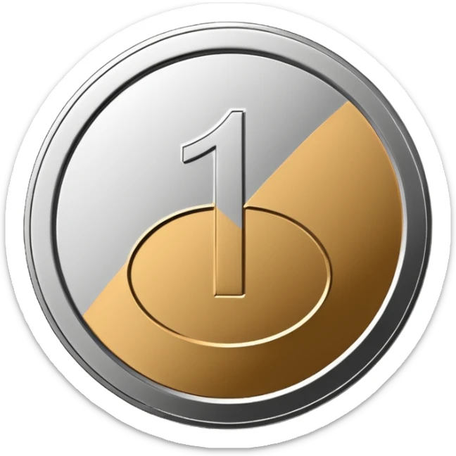 Emoji icon of a metal coin with engraved number 1, minimalist style, isolated, only metal color sticker