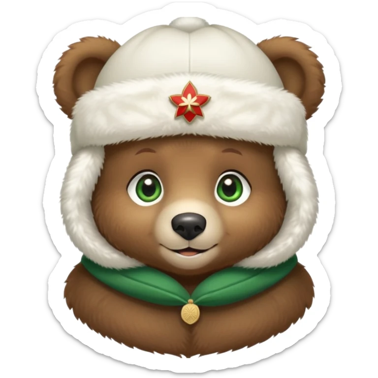 Adorable brown bear cub with innocent green eyes and gentle smile, pure white fluffy ushanka hat with prominent Russian Federation emblem, iOS emoji style sticker
