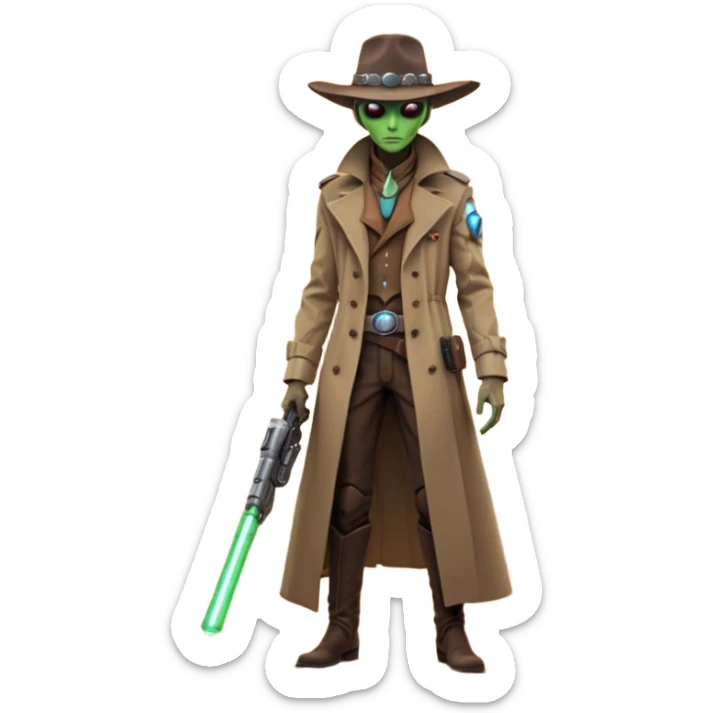 A tall alien cowboy standing in a dusty desert on an alien planet, wearing a futuristic cowboy hat and long trench coat, glowing eyes, twin plasma revolvers on his belt, dramatic sunset, cinematic lighting, ultra realistic, high detail, epic sci-fi western atmosphere

 sticker