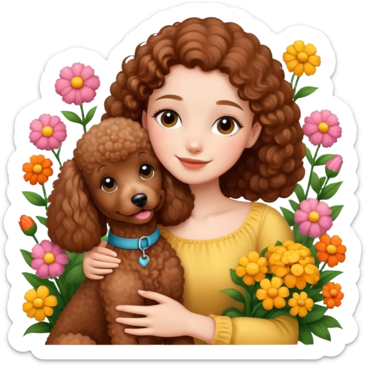 A beautiful girl happily hugs a brown poodle in the flowers sticker