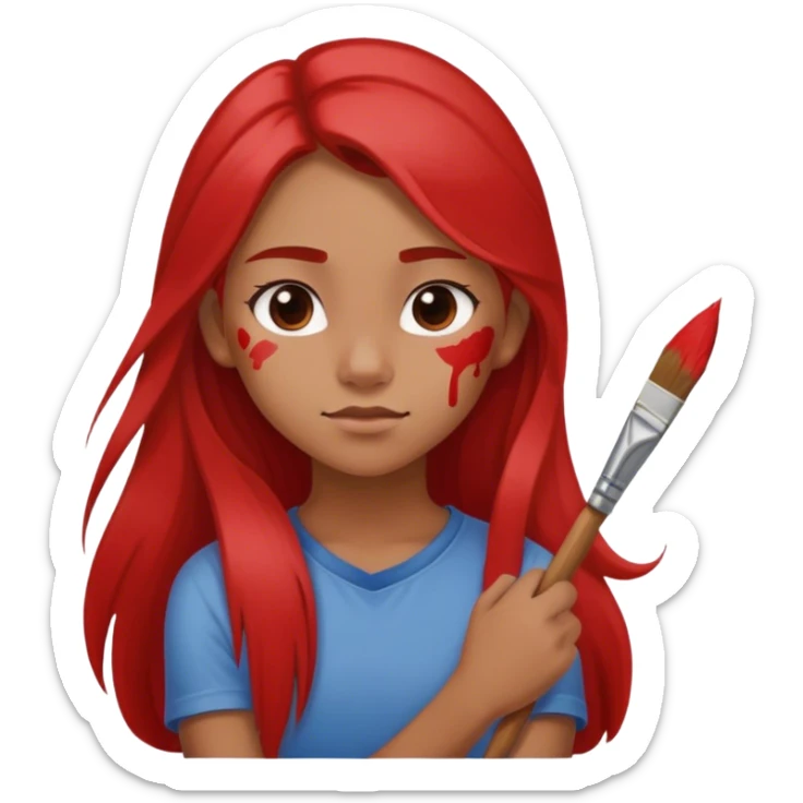 Generate an image of a teen girl half body with long hair and red paint on her left cheek and a paintbrush on left ear and arms fold sticker