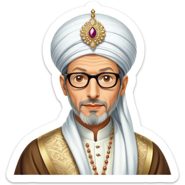 Jeff Goldblum no glasses as a regal portrait dressed as suleiman-the-magnificent,-depicted-as-a-regal-ottoman-sultan-adorned-with-a-large,-white,-round,-tall-turban-and-a-majestic-grey-beard,-his-commanding-gaze-bathed-in-warm,-historic-lighting-that-exudes-timel sticker