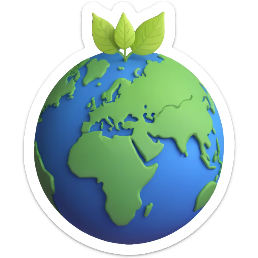 A single green leaf resting gently on top of a vibrant, round Earth globe. The focus is on the leaf and the globe with a simple background and soft natural lighting sticker