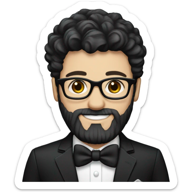 Groom with dark scruffy hair and beard and glasses pale skin and black tux sticker