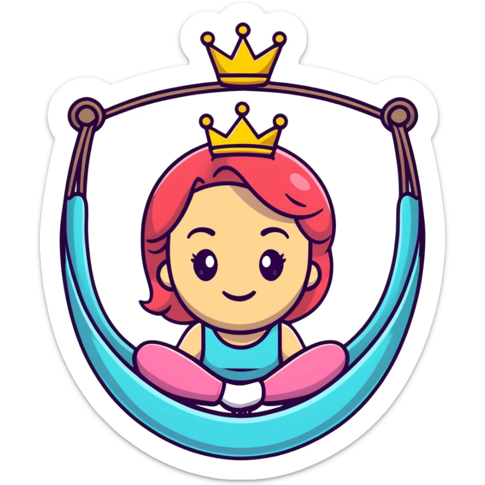 cartoon emoji of a glamorous girl with a crown, strong outline, expressive face, vibrant colors, subtle Leo accent, silly expression, hint of yoga hammock, stars, bold and playful sticker