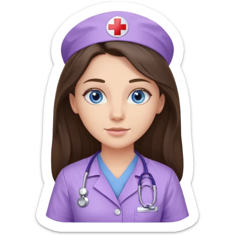 pretty brunette nurse with long hair and blue eyes in lilac scrubs sticker