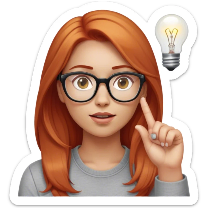 intelligent and clever, 30 year old, girl, long red-blond hair, glasses, has an idea and holds her finger in the air, light bulb over the head, casual cloth  sticker