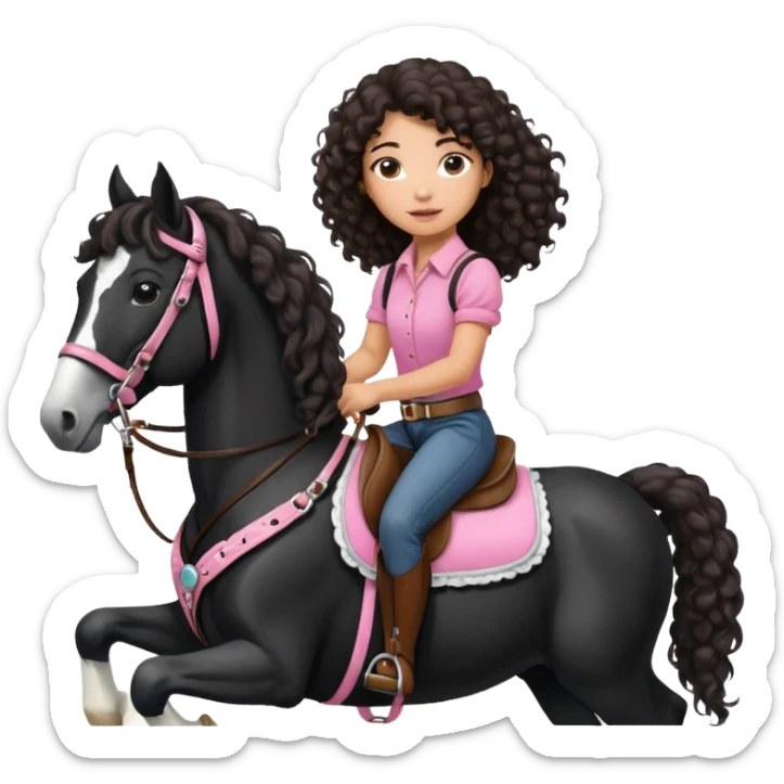 Realistic mixed race girl with long dark brown curly hair, riding a big black and white draft horse, wearing pink harness and saddle  sticker
