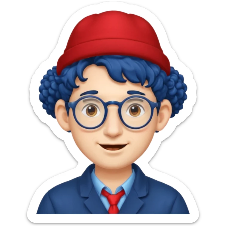 dark blue haired man curly hair with big ears and red earrings and spectacles happy and hat wearing sticker