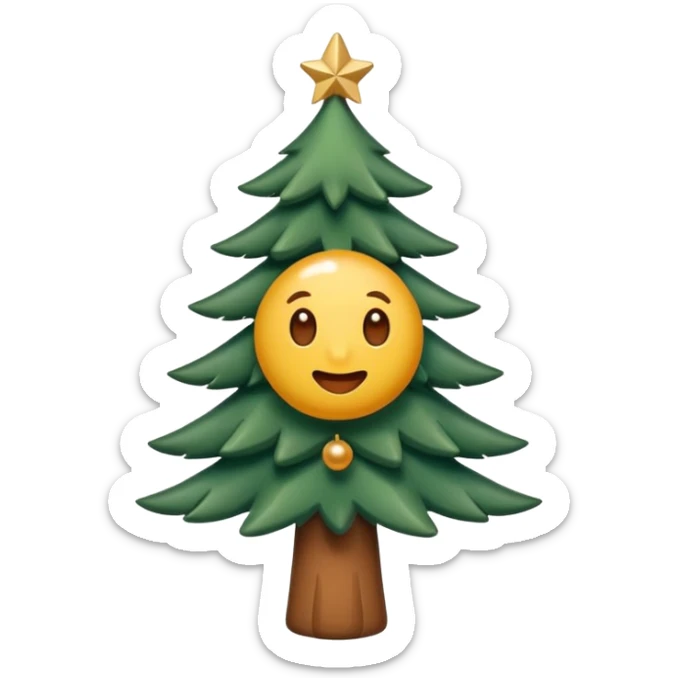Un emoji représentant un petit sapin stylisé, sans bouche, avec deux grands yeux de biche brillants couleur cannelle. Style minimaliste, mignon et expressif, comme un sticker ou un emoji moderne. Fond parfaitement transparent, haute qualité, bien centré. sticker