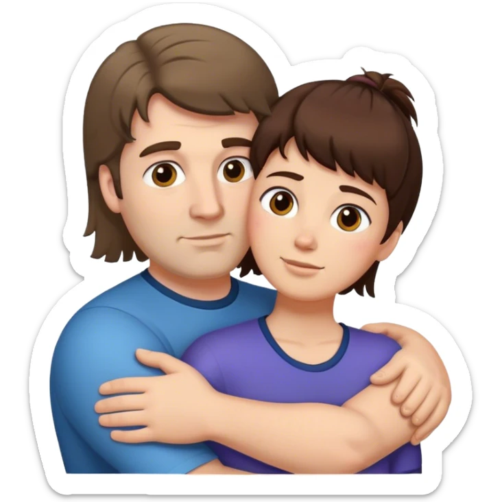 Big tall white man man with mullet hair cut (brown hair) hugging short lady with short dark brown hair sticker