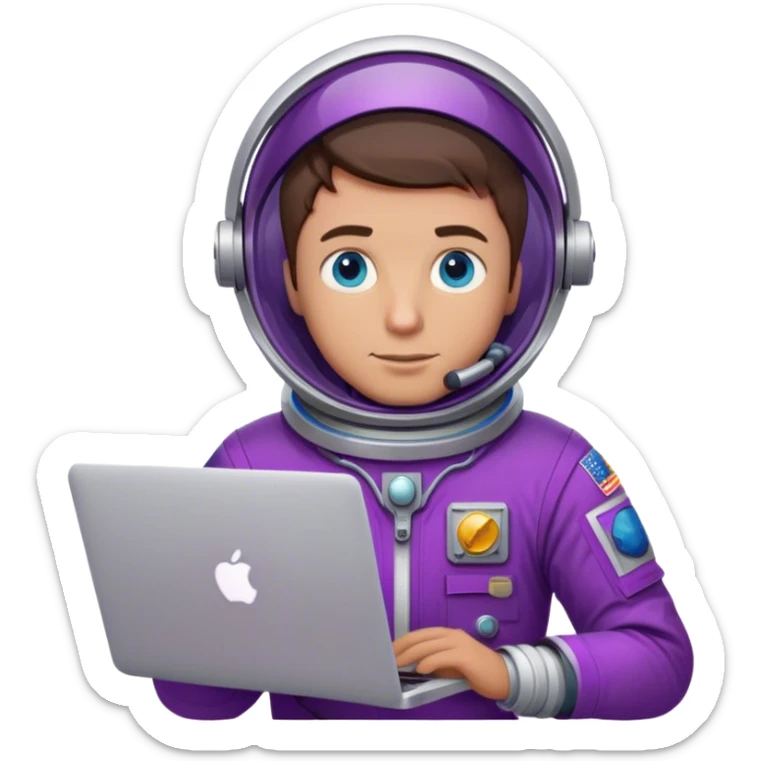 guy astronaut with purple suit, blue eyes, short brown hair and one macbook sticker