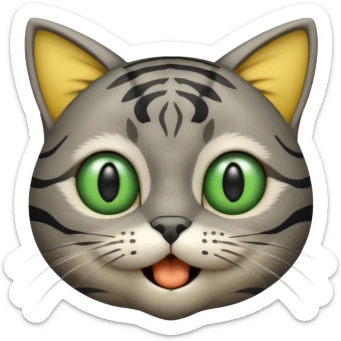 gray cat head with black stripes, large green eyes, big black pupils, mouth open, small solid yellow ball in mouth sticker