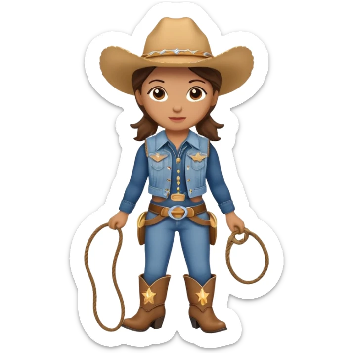 A cuddly cowgirl plush toy with denim vest, cowboy boots and a lasso sticker