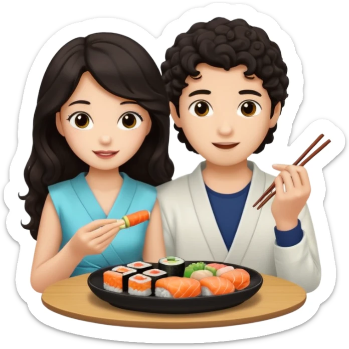 czarnowłosa ksieżniczka w dlugich wlosach je sushi z chłopakiem o czarno brązowych kręconych włosach i są zadowoleni i są nastolatkami i te włosy są lekko krecone sticker