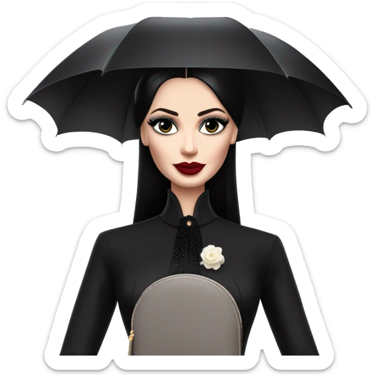 Parisienne Pretty Barbie Morticia Addams at a rainy funeral under umbrella, accessories gloves carrying clutch  sticker