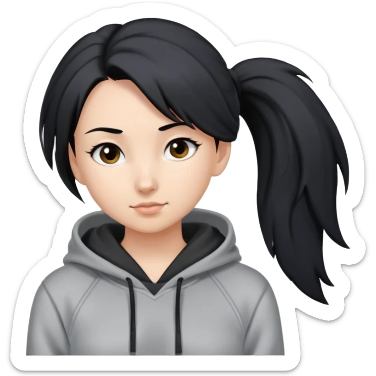 A girl in a grey hoodie and a black hair in a pony tail sticker