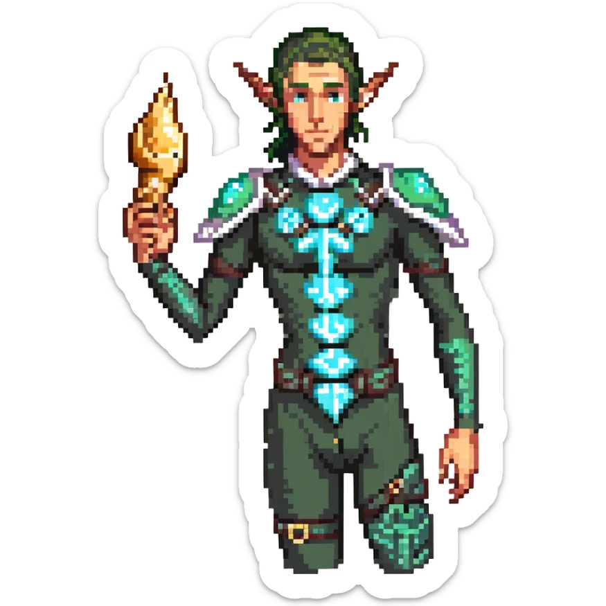 elf male Short wetsuit-style garb, glowing runes on skin, holding a conch horn. sticker