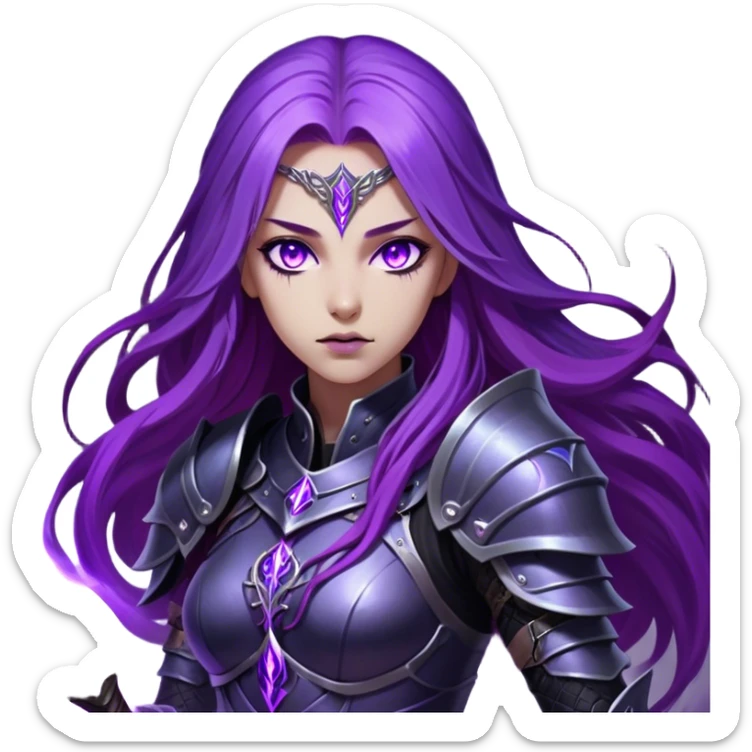 A mysterious warrior girl with long, flowing purple hair catching the dim light. Her glowing violet eyes stare forward, unwavering. She wears sleek black armor, adorned with silver runes that pulse faintly with hidden power. A dark mist swirls at her feet, hinting at the energy she commands. sticker